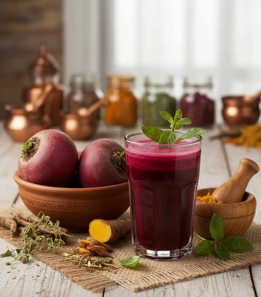 A glass of beetroot juice with mint on a wooden table, with fresh beetroot and spices in the background, hydration drinks with natural nitrates.