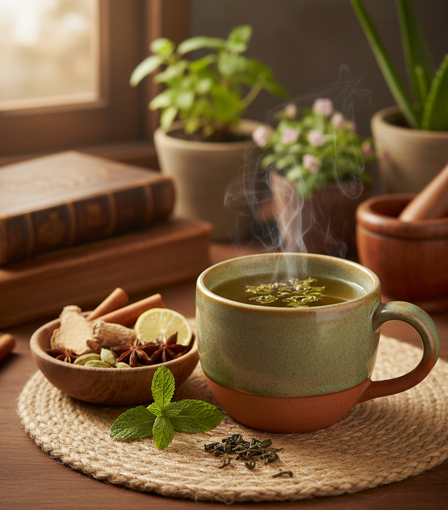 A warm cup of green tea with steam, mint, and spices on a wooden table, hydration drinks with antioxidants.