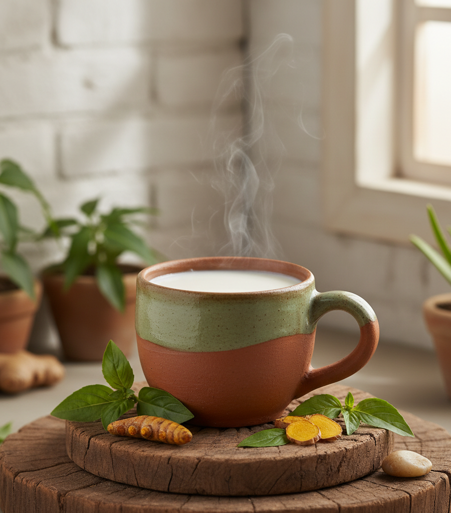 A warm cup of milk with steam on a wooden surface, with turmeric and herbs around, hydration drinks for after a workout.