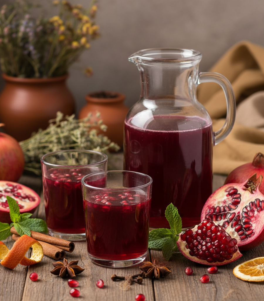 A glass of beetroot juice with mint, with fresh beetroot and turmeric on a table, hydration drinks for better blood flow.