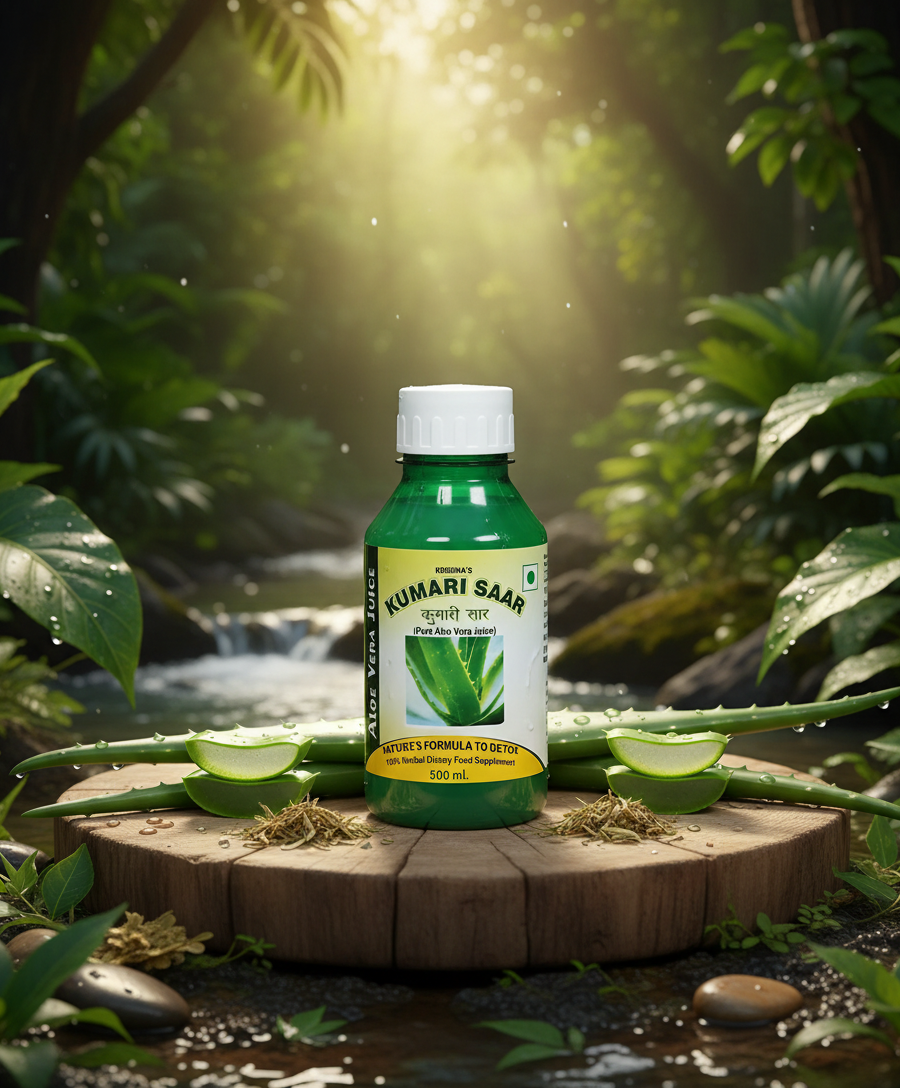 A bottle of Kumari Saar aloe vera juice on a wooden surface in green nature, with fresh leaves and pieces of aloe, hydration drinks.