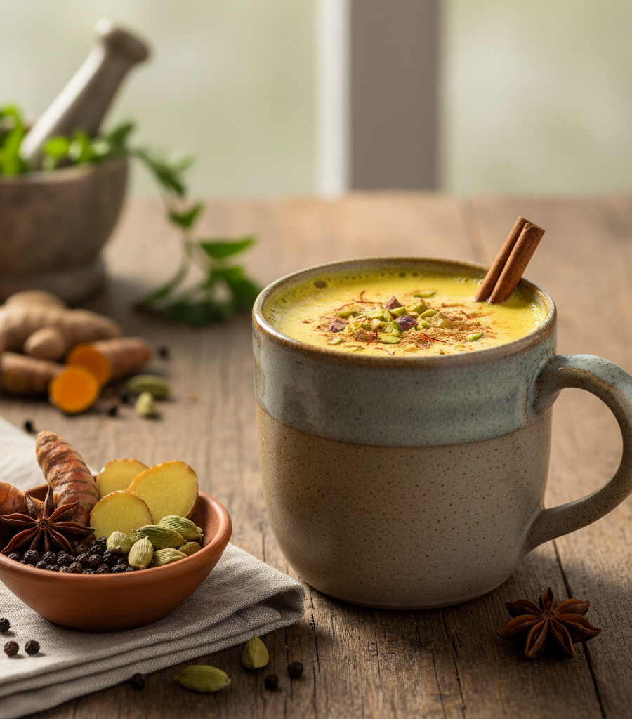 Rustic ceramic mug full of warm, frothy turmeric milk, decorated with chopped pistachios, cinnamon, and saffron, set on a wooden table next to a bowl of ingredients like fresh turmeric, ginger, cardamom, and pepper, as a cover image for a blog post about the health benefits and recipe for this drink.