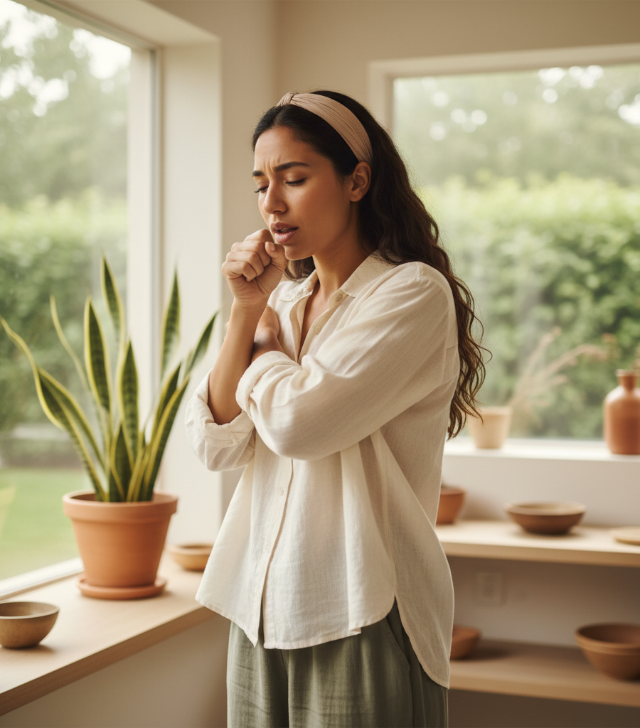 Young woman coughing and dealing with cold symptoms in a bright room with plants, illustrating the need for a natural remedy like turmeric milk to soothe the throat.