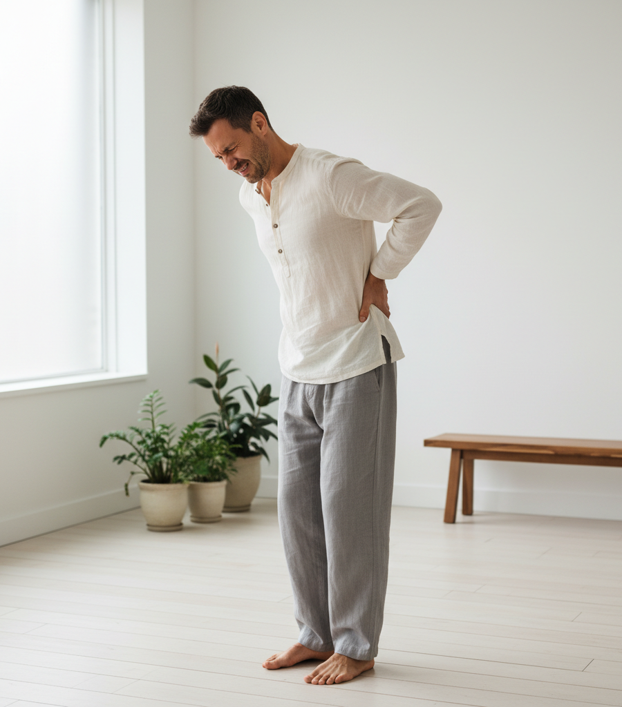 Man holding his lower back due to pain and stiffness, showing an inflammatory condition where the anti-inflammatory properties of the turmeric milk drink help.