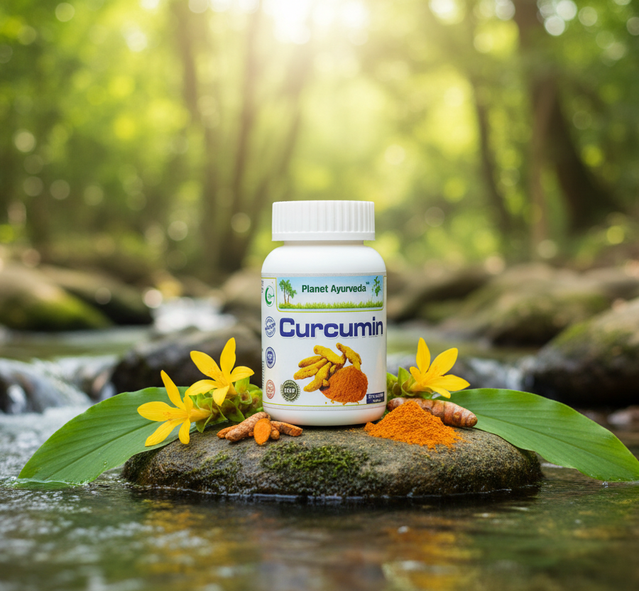 A bottle of Curcumin on a rock by a river, containing the active ingredients of turmeric needed to prepare powerful turmeric milk.