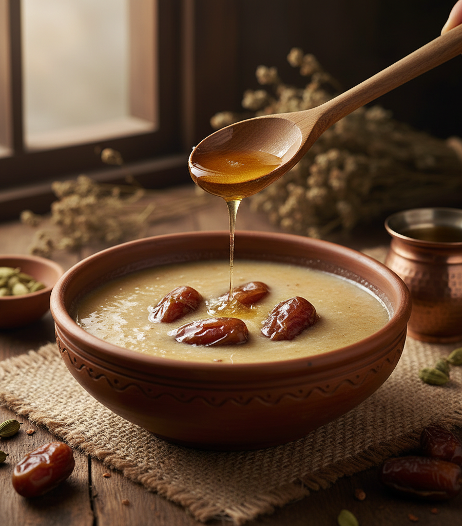 Traditional Ayurvedic drink made of milk, dates, and honey in a clay pot, shown as part of effective natural home remedies for cough and immune boosting.