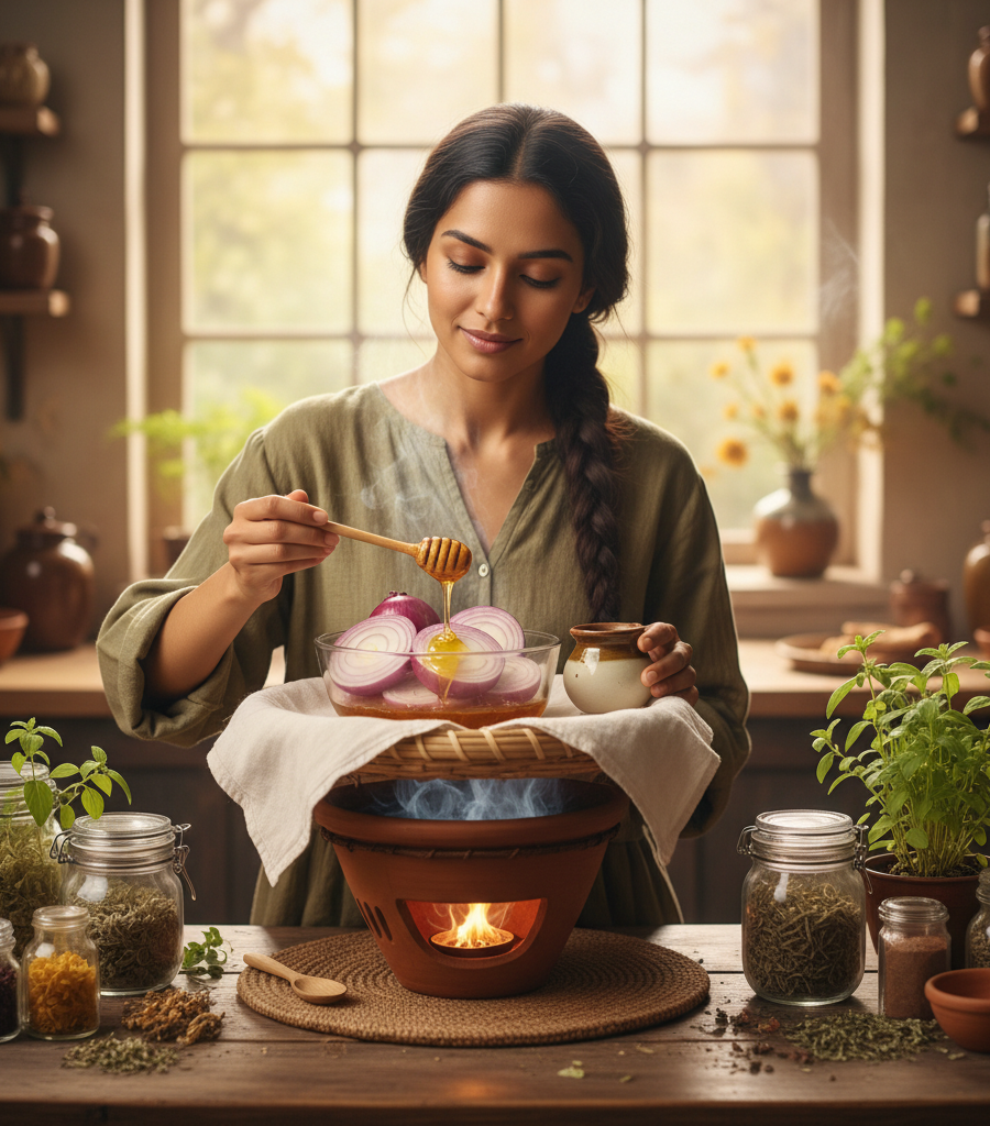 Natural home remedies: Preparation of Ayurvedic onion and honey syrup for cough via steaming.