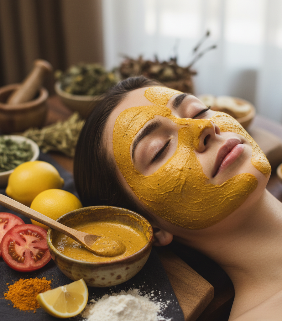 Woman with a turmeric and tomato mask on her face, showing Natural home remedies for skin care and dark circles.