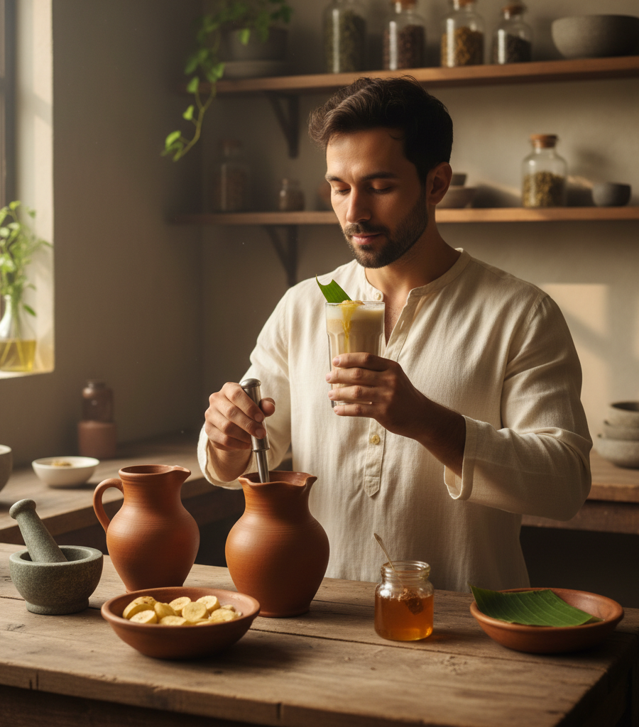 Man preparing a banana and honey milkshake in an authentic setting, part of the famous natural home remedies for quick hangover recovery.