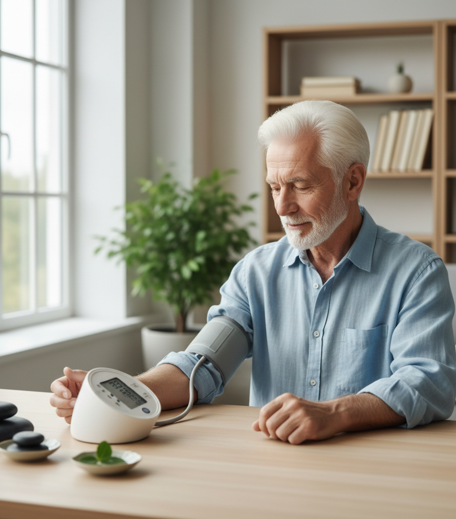 Older man using a digital measuring device, focused on lowering blood pressure naturally at home.