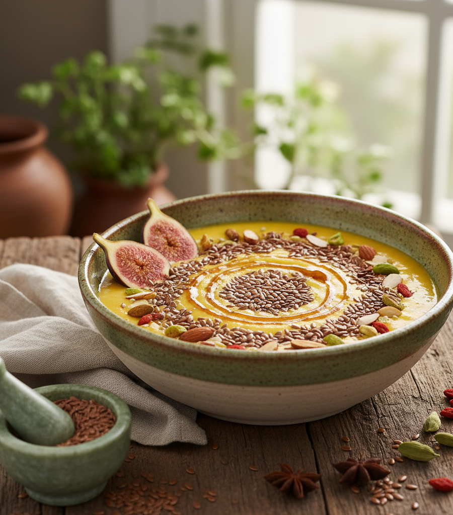 Healthy breakfast in a ceramic bowl with oats, flaxseed, figs, and nuts, which are beneficial for lowering blood pressure.