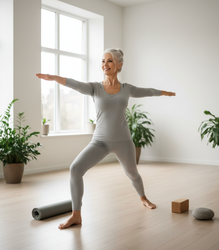 Woman practicing yoga exercises in a bright space to relieve stress and lower blood pressure.