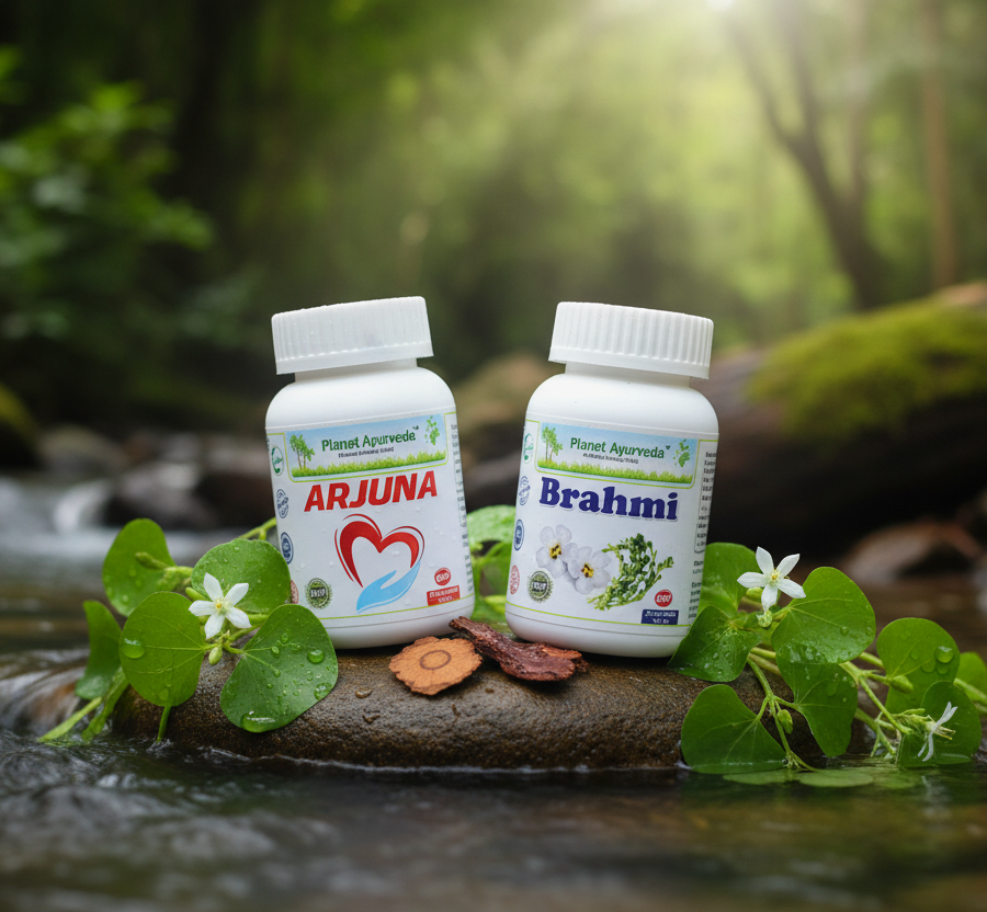 Natural Ayurvedic capsules Arjuna and Brahmi for heart support and blood pressure reduction.