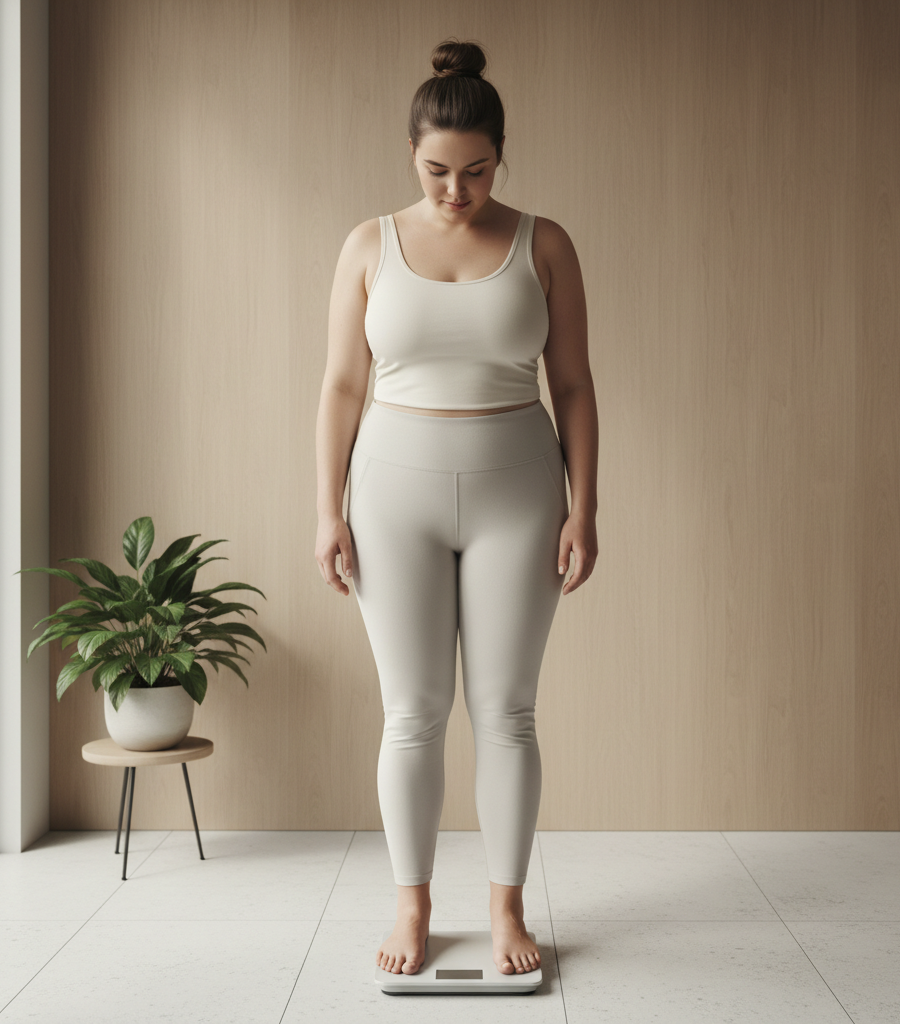 Tracking results and progress on a ketogenic diet for weight loss – woman on a scale in a bright, modern room.