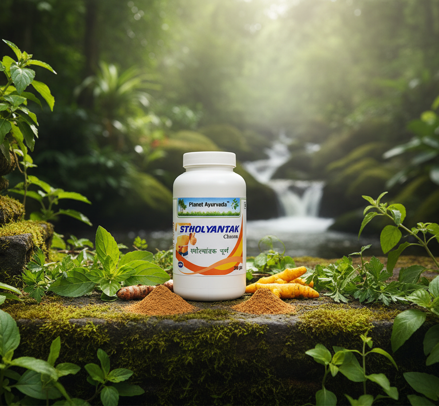 Packaging of the Ayurvedic preparation Stholyantak Churna placed in nature by a waterfall, as a powerful supplement to your ketogenic diet for weight loss.