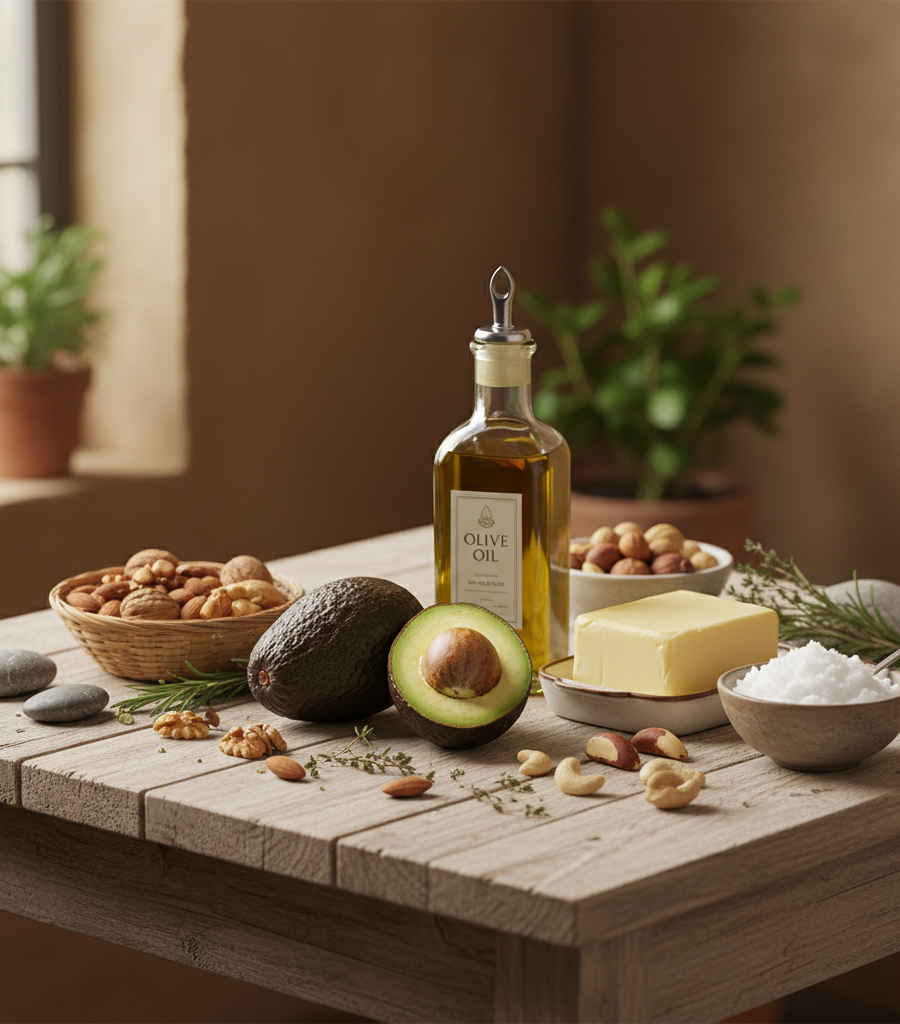 Healthy fats and low-carb foods like avocado, olive oil, butter, and nuts, which are essential for a ketogenic diet for weight loss, arranged on a wooden table.