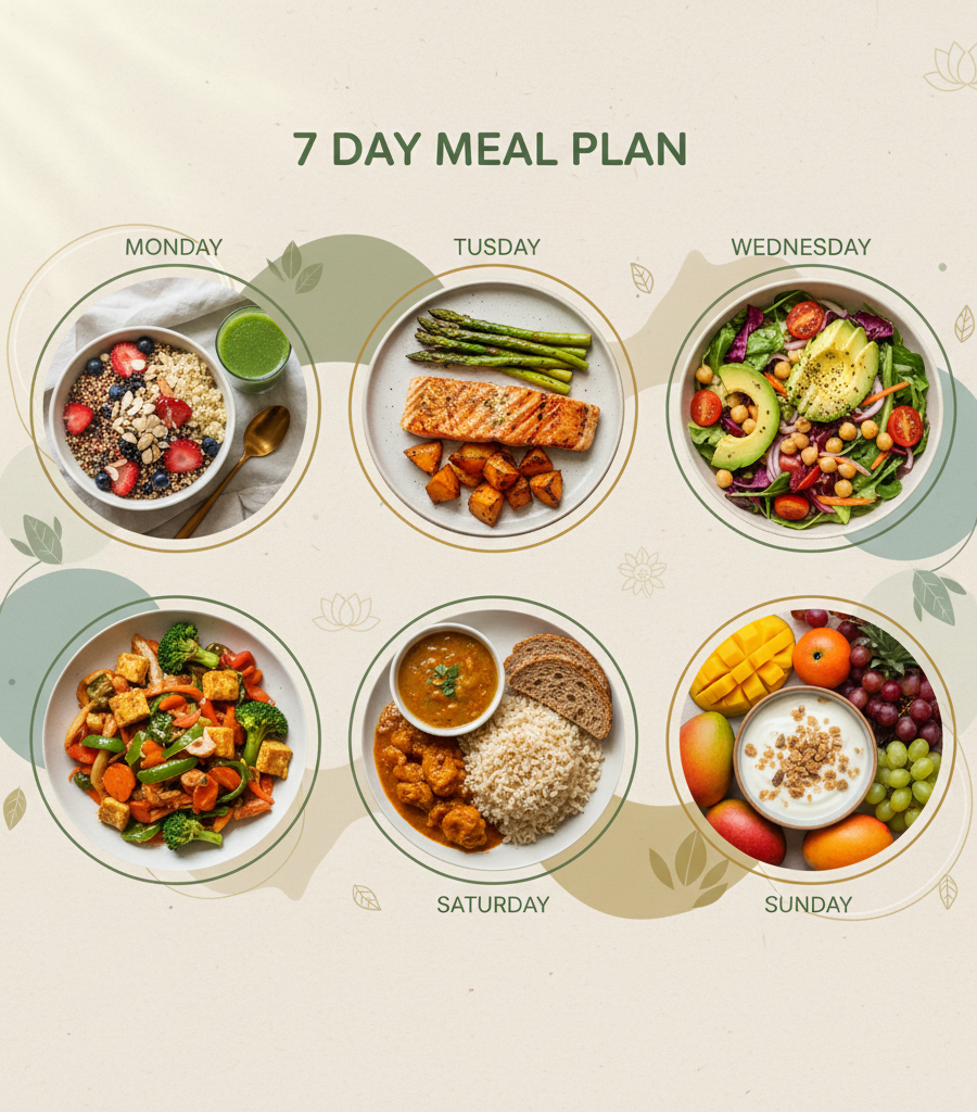 Infographic with a detailed 7-day plan of healthy meals for successful meal management on a ketogenic diet for weight loss.