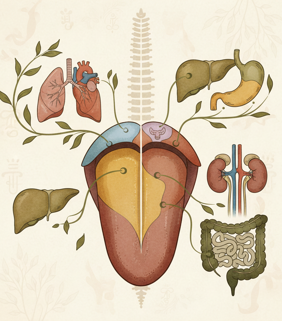 Illustration of an Ayurvedic map explaining what the tongue says about health, showing the connection of different parts of the tongue with internal organs such as the heart, lungs, liver, and intestines.