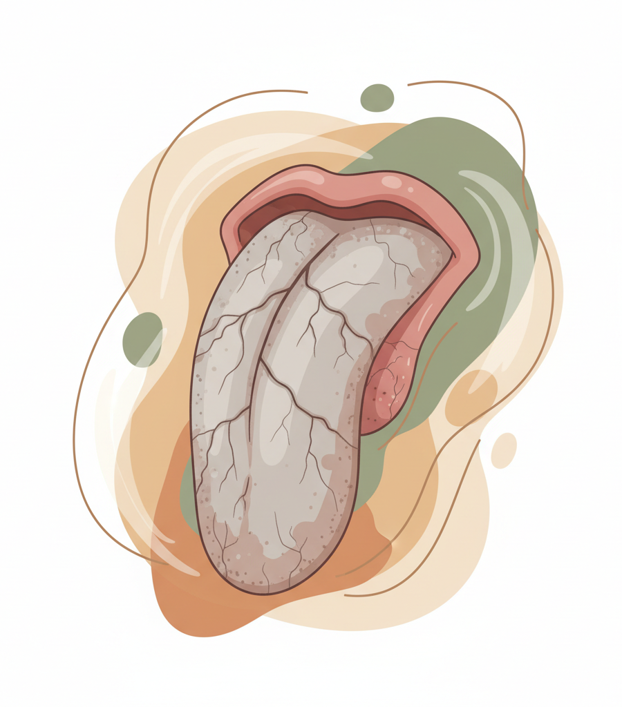 Illustration of a dry tongue with cracks and grayish deposits characteristic of Vata imbalance, as an example of what the tongue says about health and toxin accumulation.