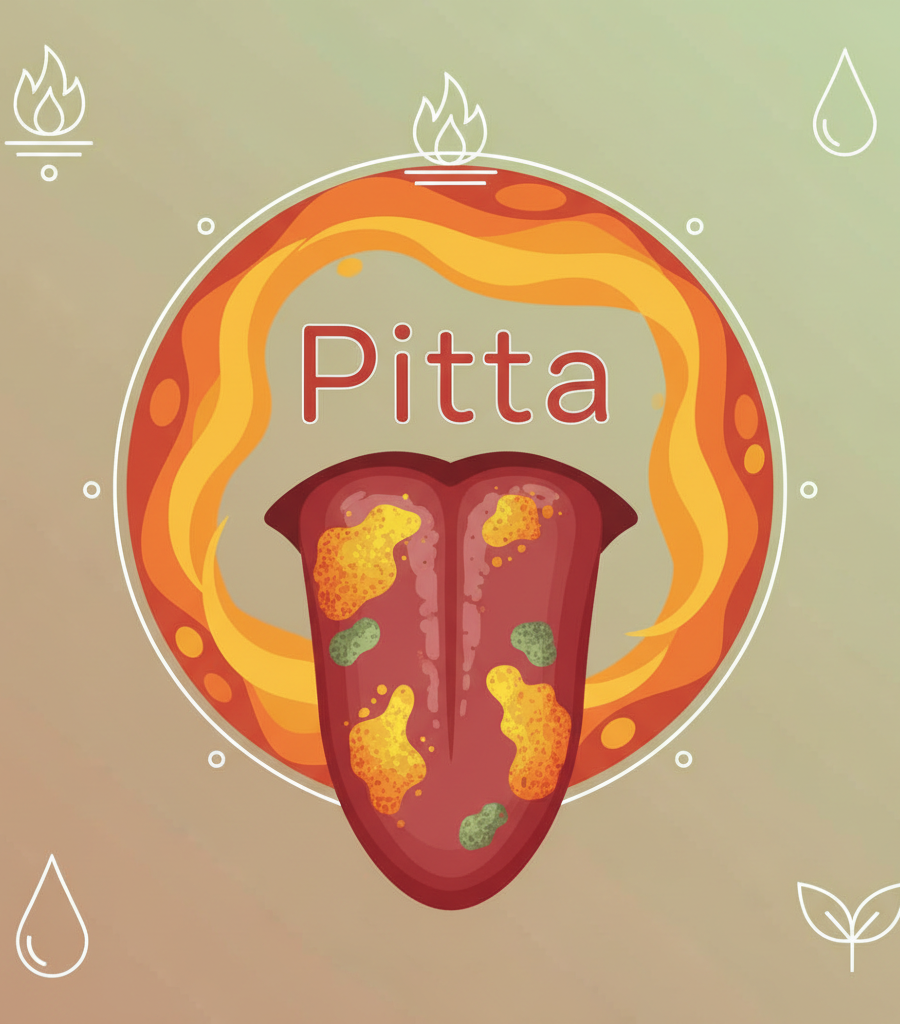 Illustration of a tongue with Pitta characteristics, with a distinct red color and yellowish deposits, helping to understand what the tongue says about health during inflammatory processes in the blood.