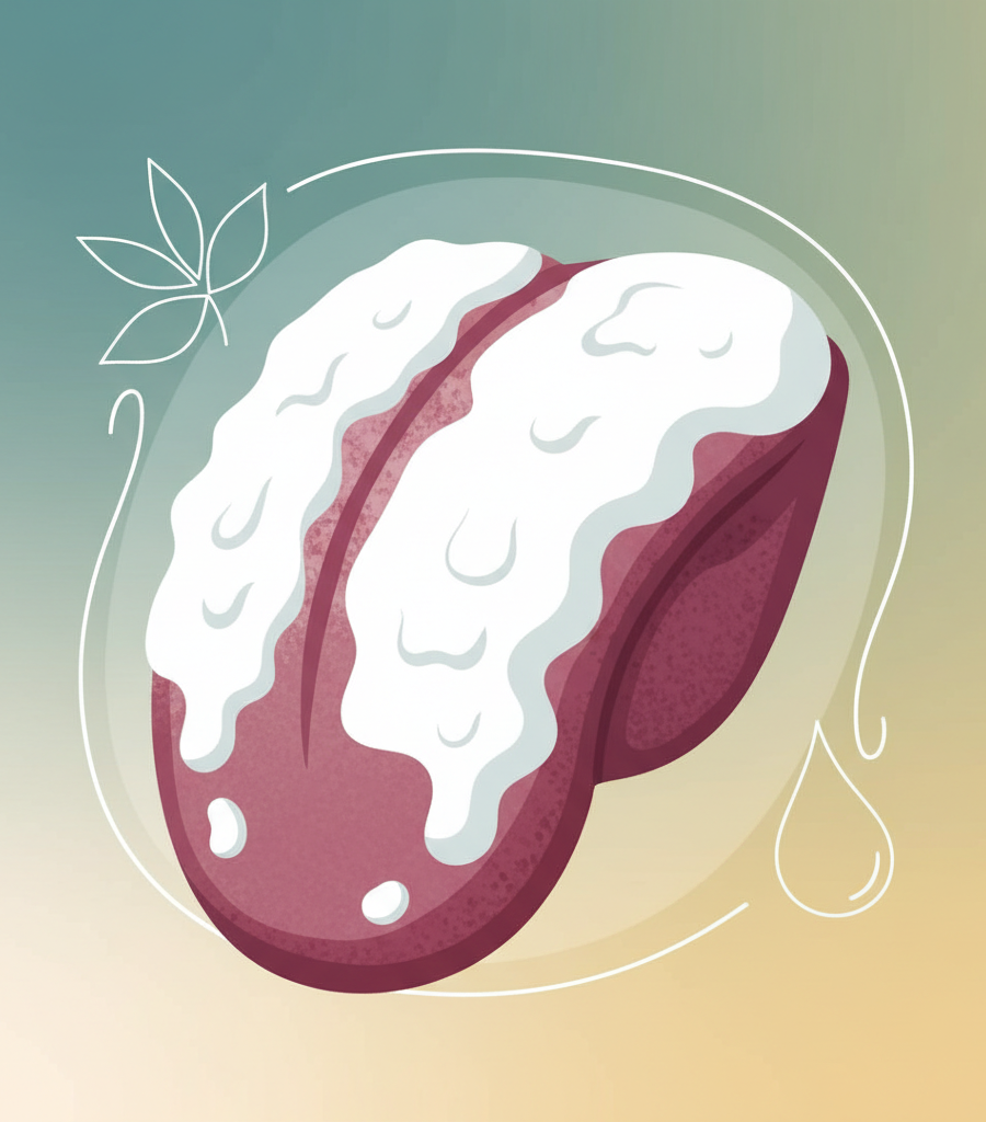 Swollen tongue with a thick white and mucous coating typical of Kapha imbalance, as a visual representation of what the tongue says about health during slow metabolism.