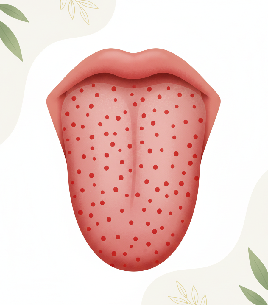 Display of a tongue with raised red dots indicating heat in the blood and inflammation, helping in the diagnosis of what the tongue says about health.