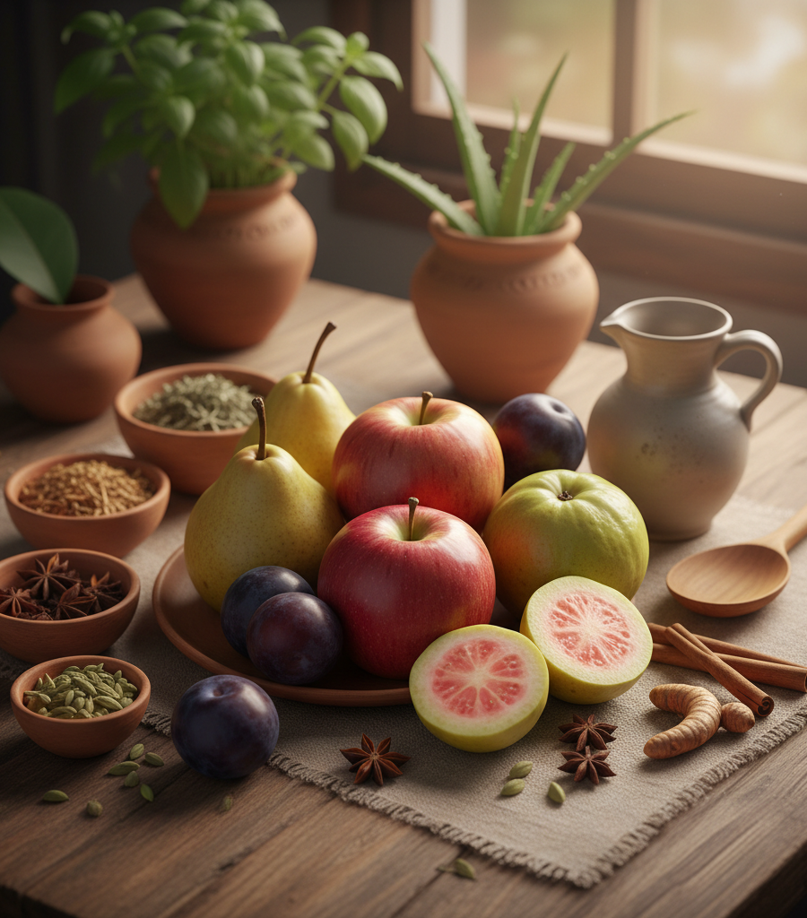 Arrangement of fresh fruit and Ayurvedic spices like apples, pears, and turmeric used in the diet to support the blood purification process.