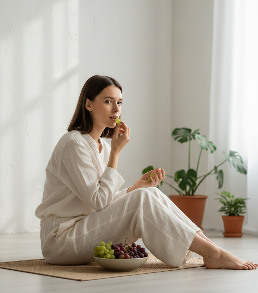 Young woman in white clothes sitting on the floor eating grapes, which are beneficial for natural blood purification.