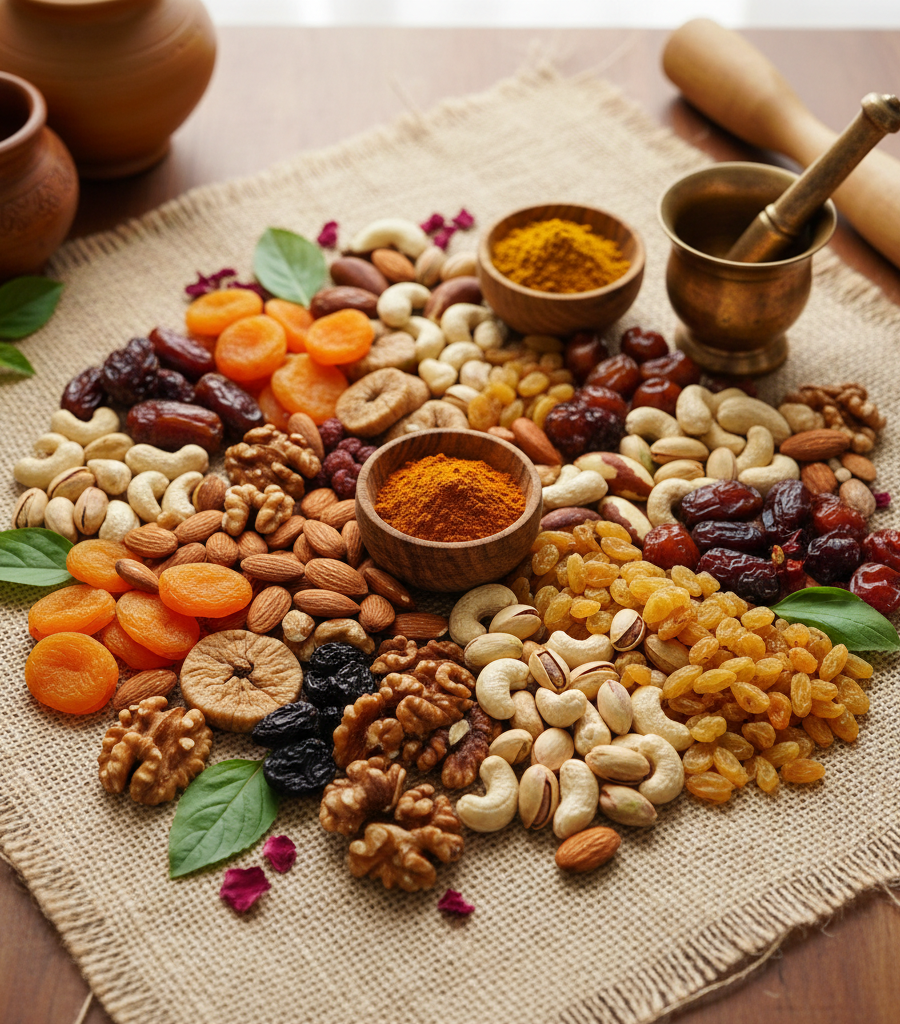 Rich selection of nuts, dried apricots, and turmeric powder used in Ayurveda as powerful allies for blood purification.
