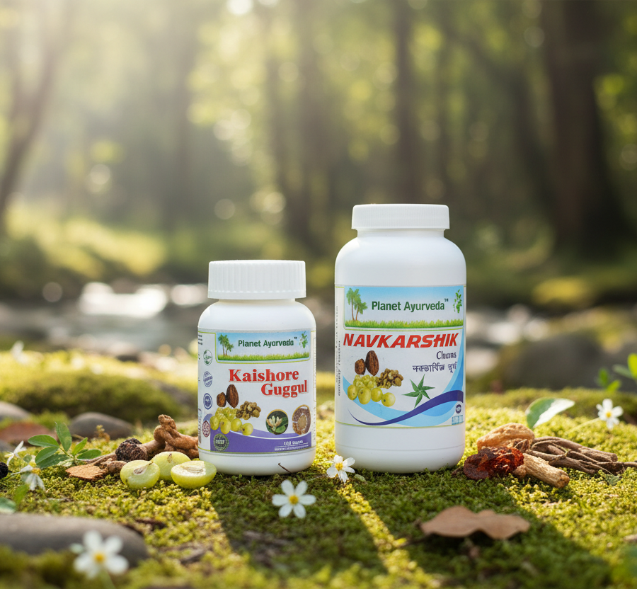 Ayurvedic herbal supplements Kaishore Guggul and Navkarshik Churna, set in a natural forest environment with herbs, which help purify the blood.