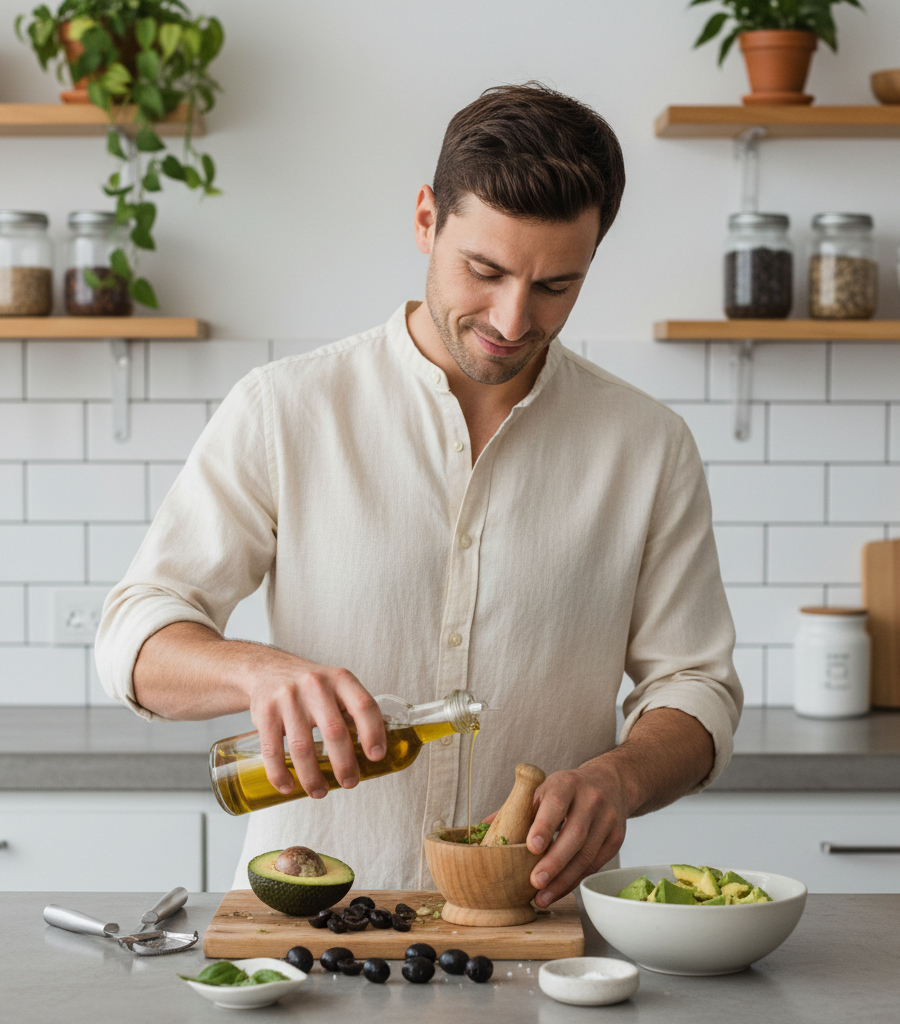 Preparation of a healthy meal with avocado and olive oil, foods that promote liver health and the blood purification process.