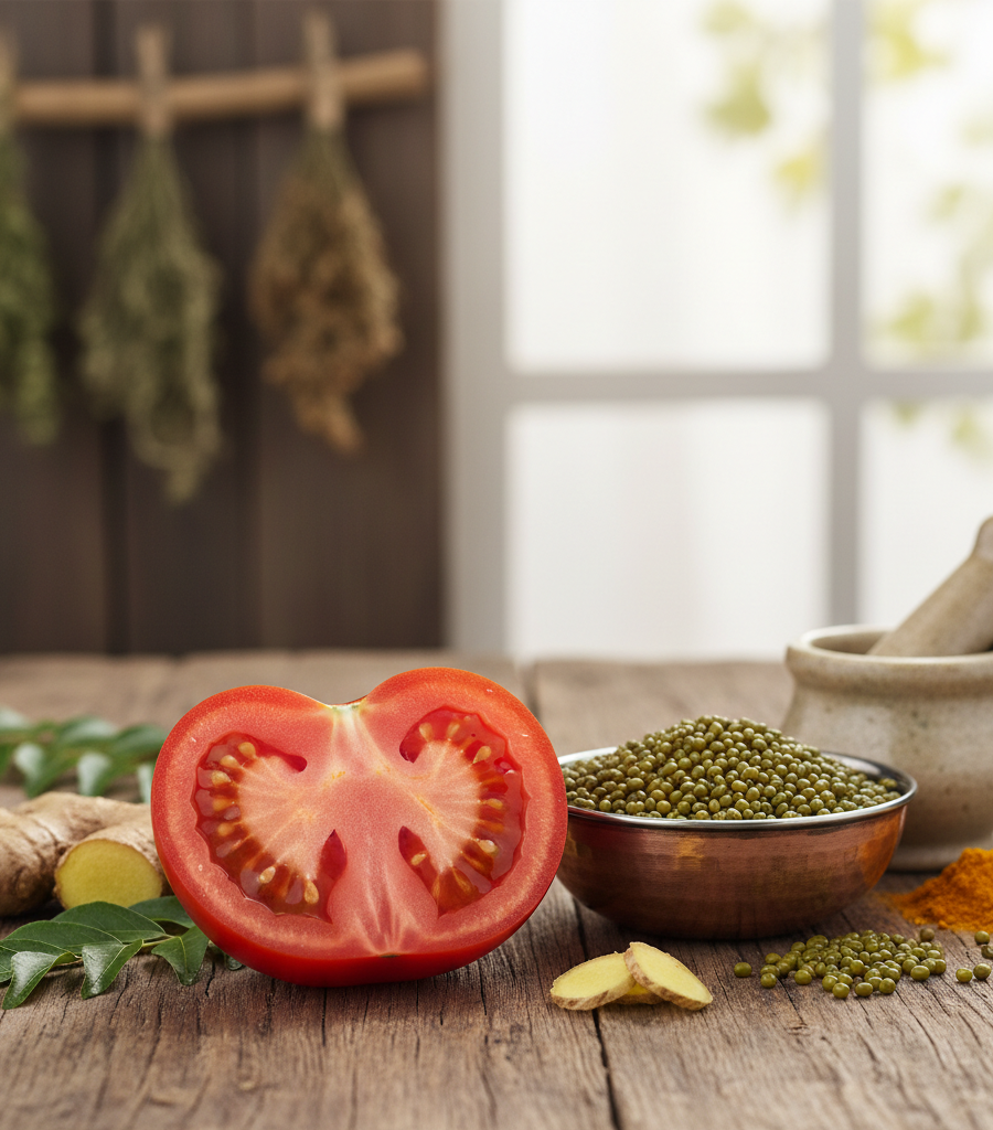 alt="Sliced fresh tomato with visible seeds on a rustic wooden table with herbs and spices, illustrating the discussion about the connection between tomato seeds and kidney stones."