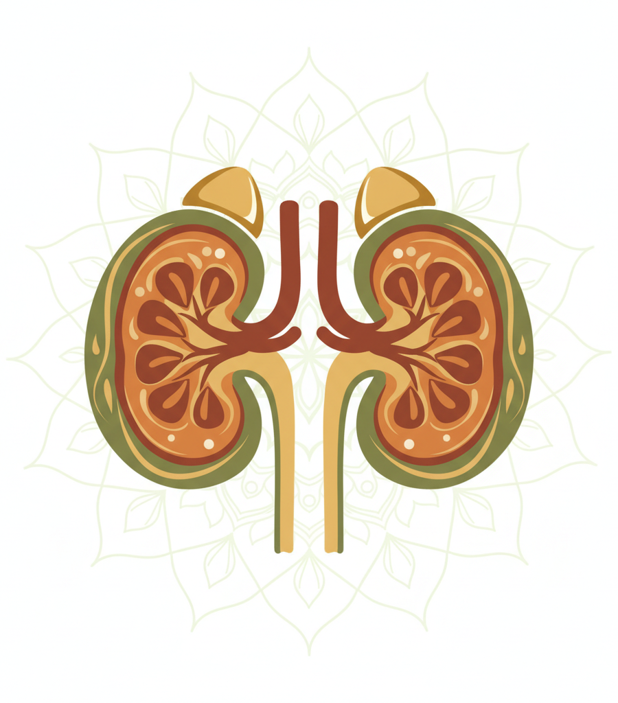 alt="Stylized illustration of human kidneys with a mandala background, visualizing the topic of the impact of tomato seeds and kidney stones on health."
