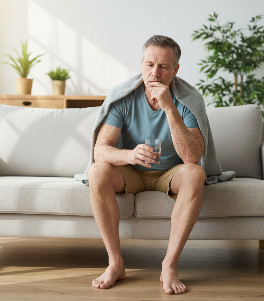 alt="Concerned middle-aged man sitting on a couch holding a glass of water, symbolizing the importance of hydration and prevention when discussing tomato seeds and kidney stones."