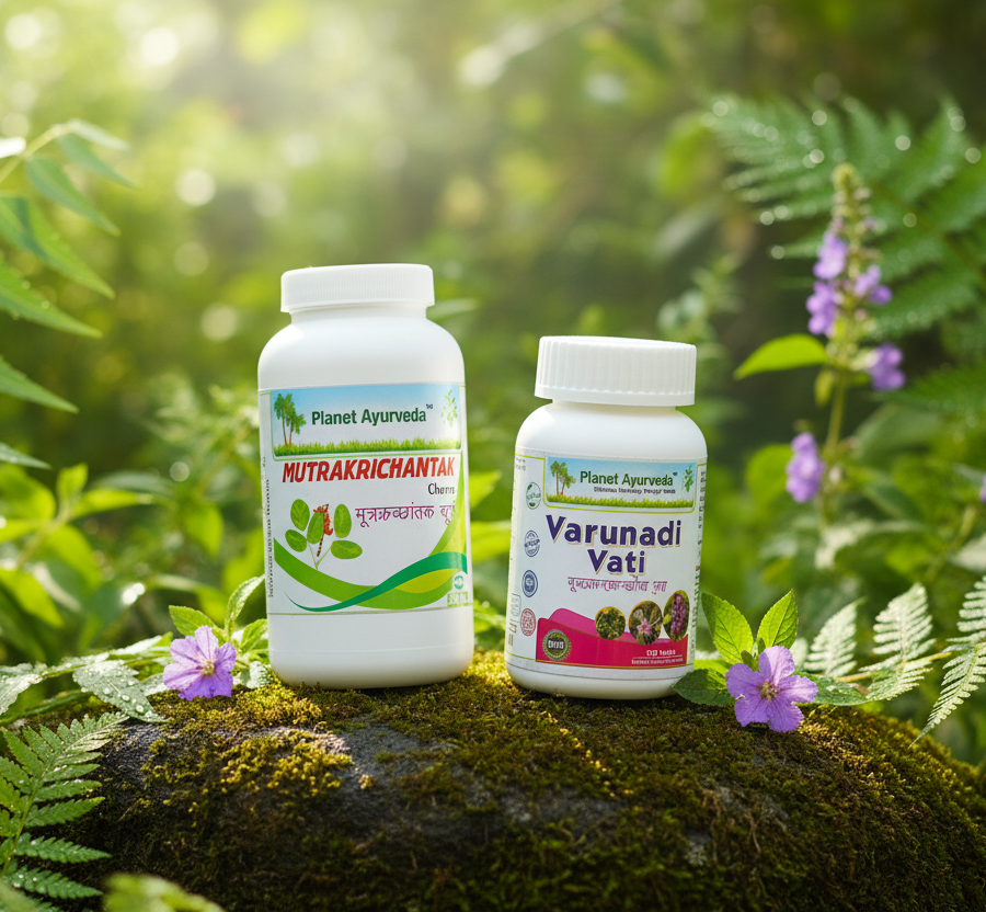alt="Bottles of Mutrakrichantak Churna and Varunadi Vati placed in a natural setting, presented as natural solutions for problems related to tomato seeds and kidney stones."