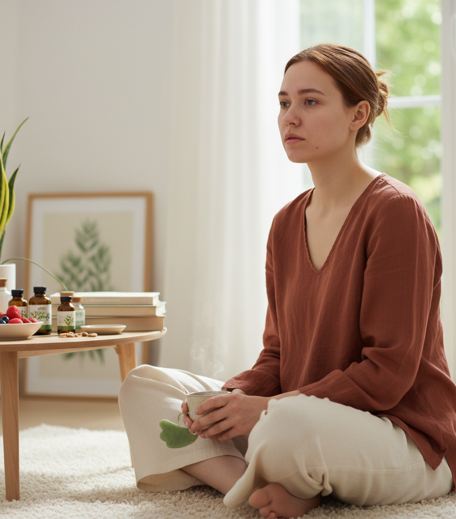 A woman with a thoughtful and sad expression sitting on the floor holding a cup of tea, next to a table with natural supplements and berries, reflecting the state of hormonal imbalance in women.