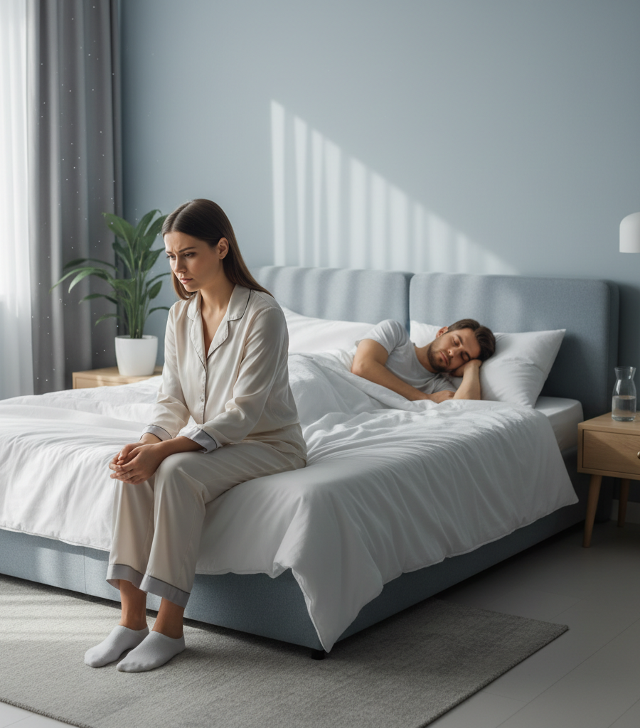 A woman sits sadly on the edge of the bed while a man sleeps, illustrating emotional distress or relationship problems that may be related to hormonal imbalance in women.