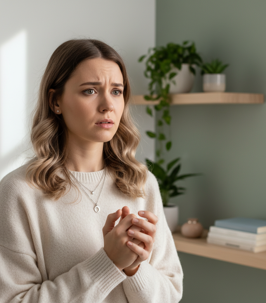 A woman with an anxious and worried expression, which is one of the common psychological symptoms accompanying hormonal imbalance conditions in women.
