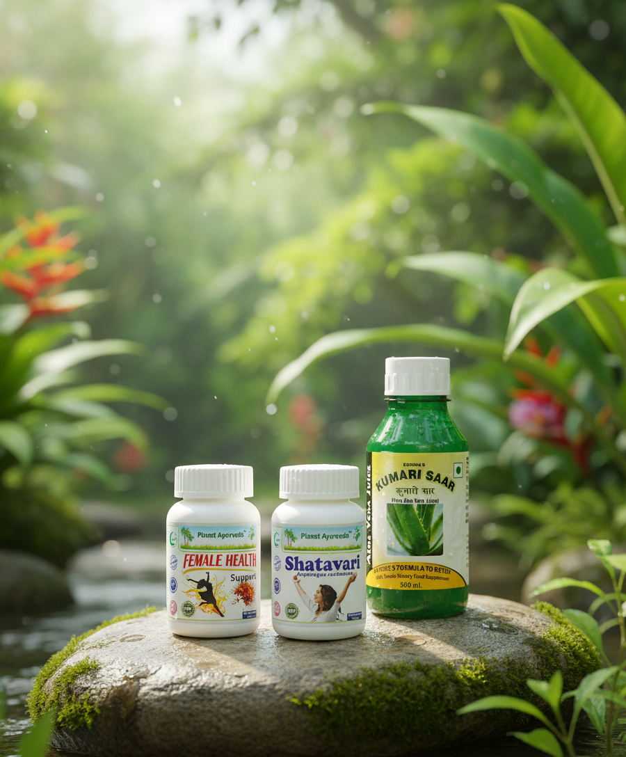 Natural Ayurvedic supplements Shatavari, Female Health Support, and Aloe Vera juice (Kumari Saar) as a solution for hormonal imbalance in women.