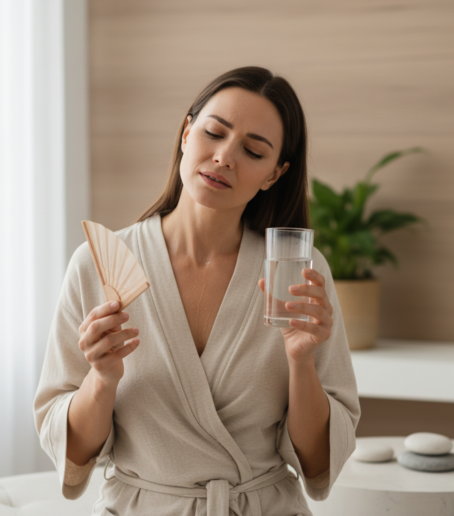 A woman in a bathrobe using a fan and water to cool down from hot flashes and sweating, which are common symptoms of hormonal imbalance in women.