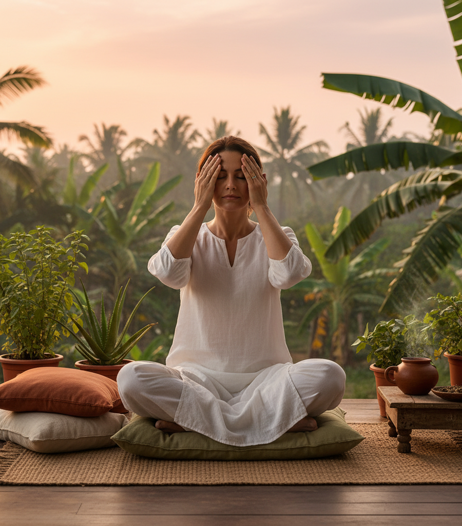 Woman in a meditative position practicing the palming technique as part of her daily exercises for healthy eyes.