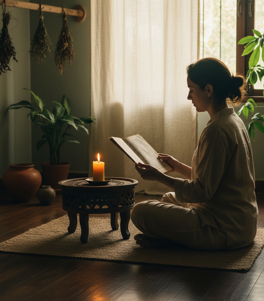 Woman reading a book by candlelight, a traditional Ayurvedic technique and exercises for healthy eyes.