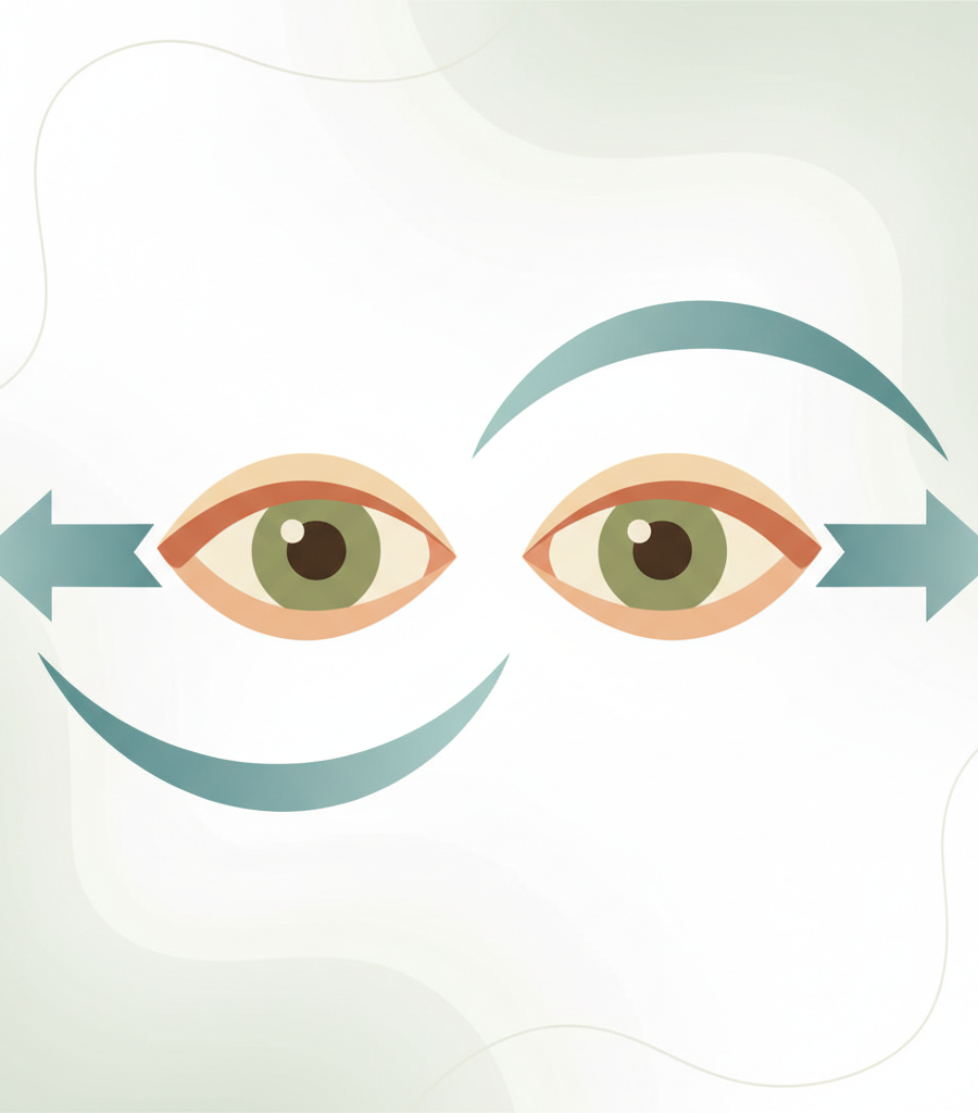 Diagram with arrows for moving the gaze left and right, modern exercises for healthy eyes and relaxation.
