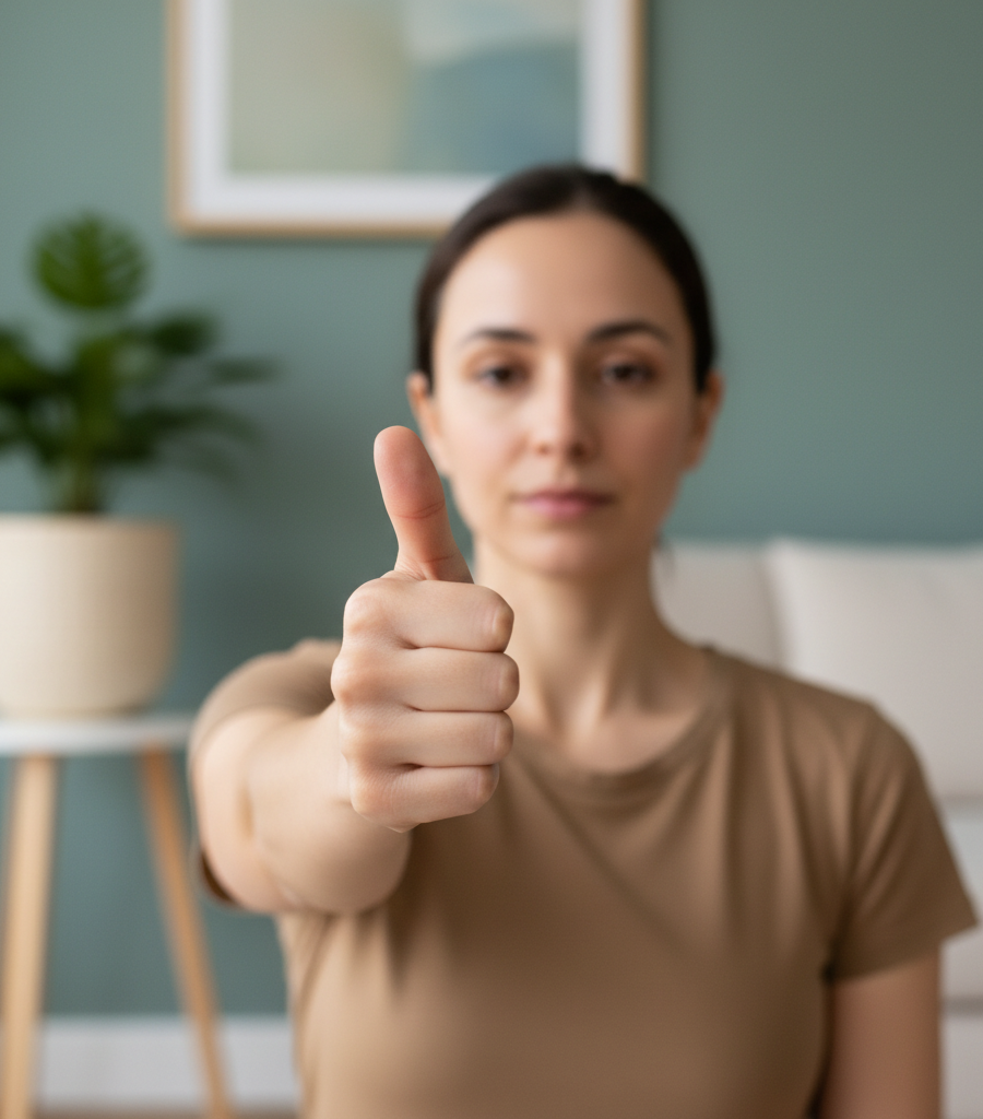 Young woman performing the thumb focusing technique to strengthen eye muscles and exercises for healthy eyes.