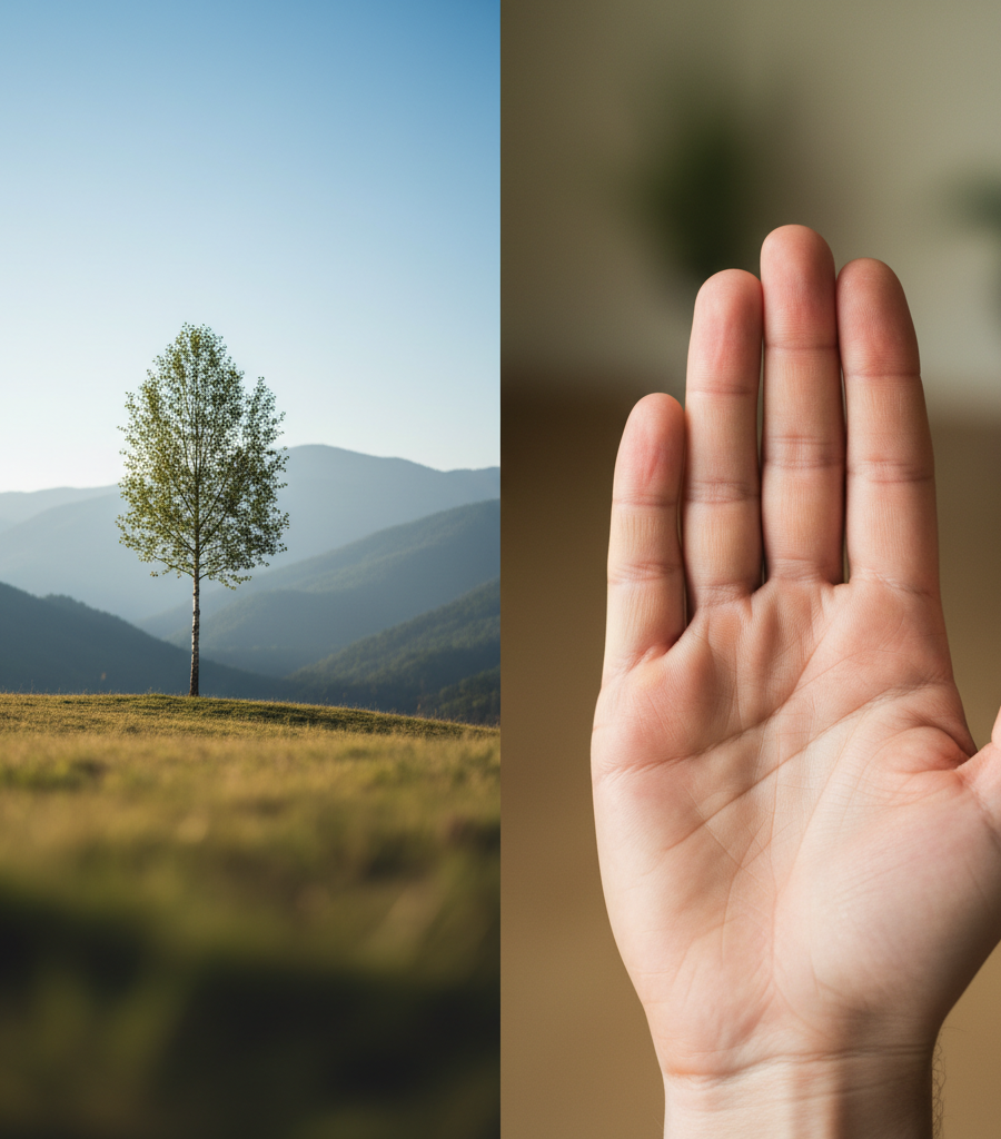Collage showing focusing on a tree in the distance and lines on the palm as exercises for healthy eyes.