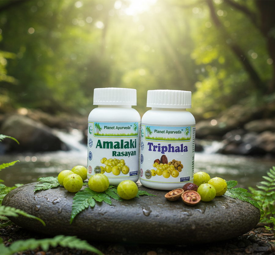 Ayurvedic supplements Amalaki Rasayan and Triphala to support your exercises for healthy eyes.