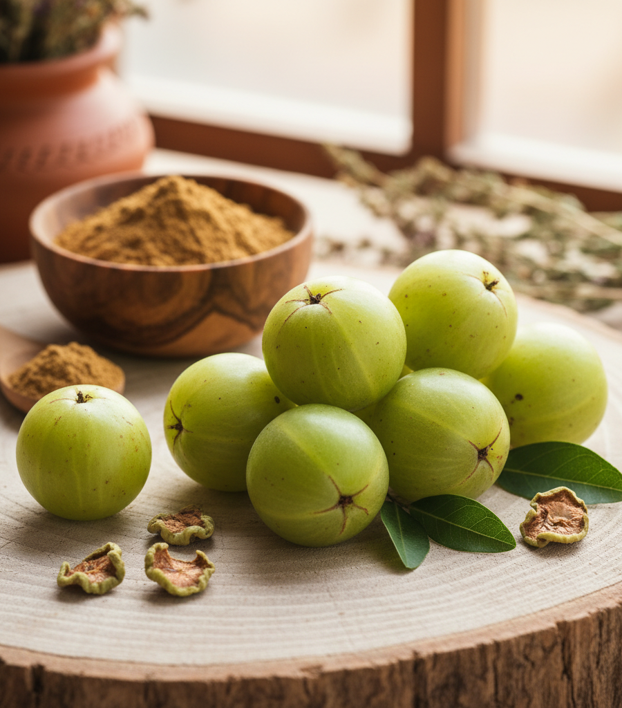 Amla (Indian gooseberry) in fresh form, dried pieces and powder in a wooden bowl, shown as natural herbs for immunity.