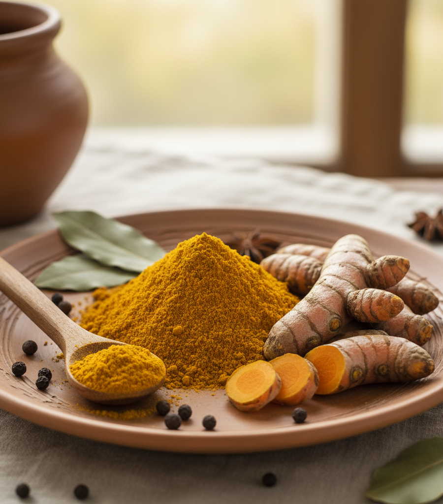 Turmeric powder and fresh root on a wooden plate, known as powerful herbs for immunity.