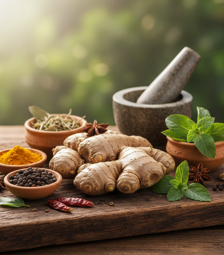 Fresh ginger root, turmeric powder and other Ayurvedic spices on a wooden table, presented as powerful herbs for immunity.