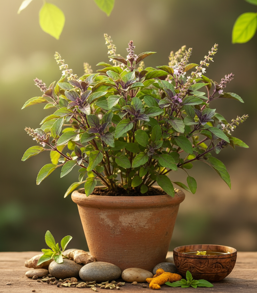Tulsi plant (holy basil) in a clay pot on a wooden table, surrounded by natural elements, known as one of the most powerful herbs for immunity.